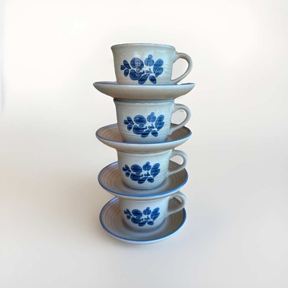 8 pcs. Pfaltzgraff Folk Art Coffee Cups Set Of 4 Stoneware Tea Mugs & Saucers